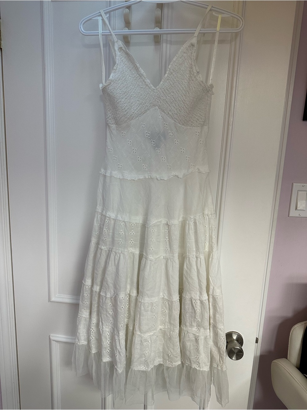 White Eyelet Tiered Maxi Dress with Smocked Bodice